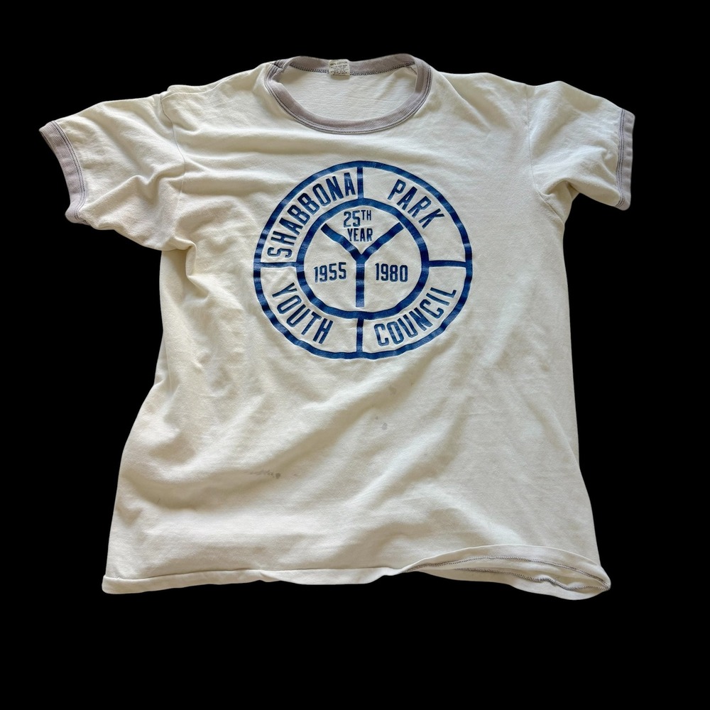 Vintage 70's Russell Athletic Shabbona Park Ringer T-Shirt XL White Distressed